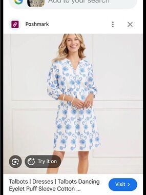 Talbots White Shift Dress with Blue Floral Eyelet Print